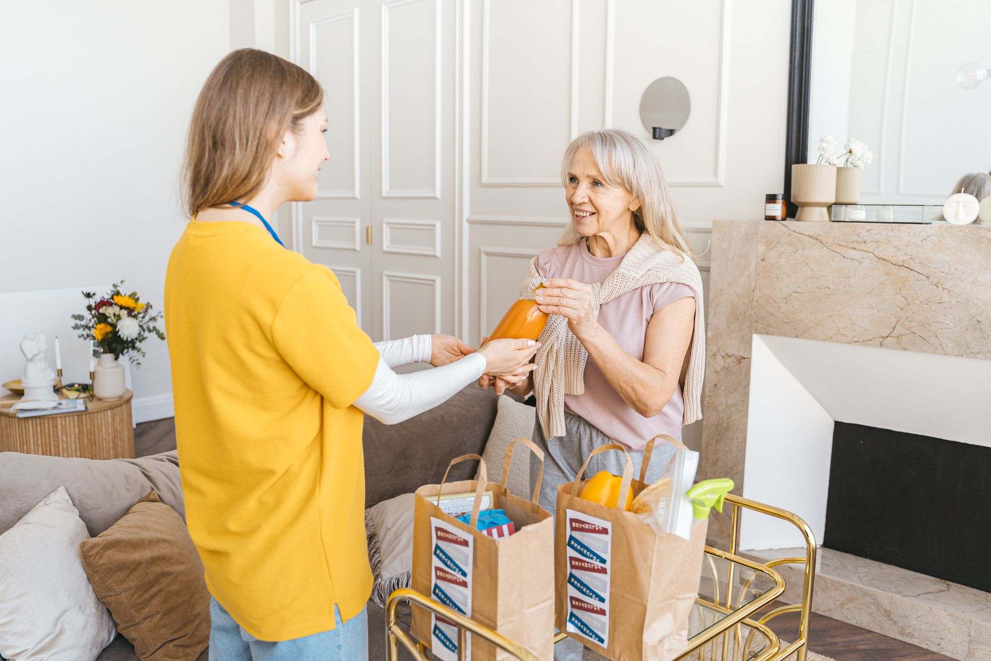 A caregiver bringing groceries to an older woman at home
