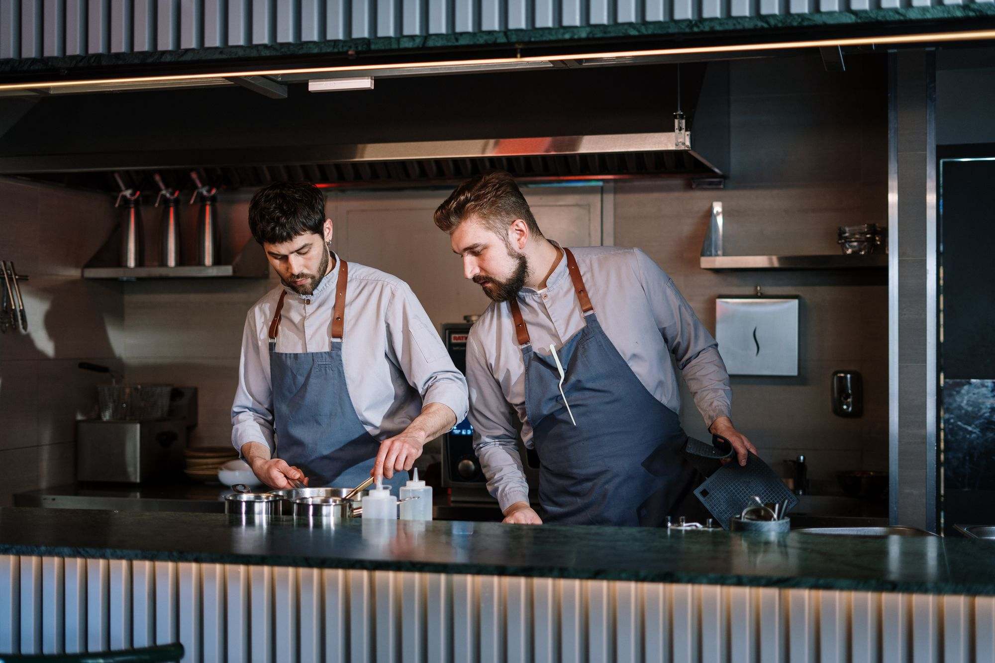 Two cooks preparing food in a restaurant kitchen