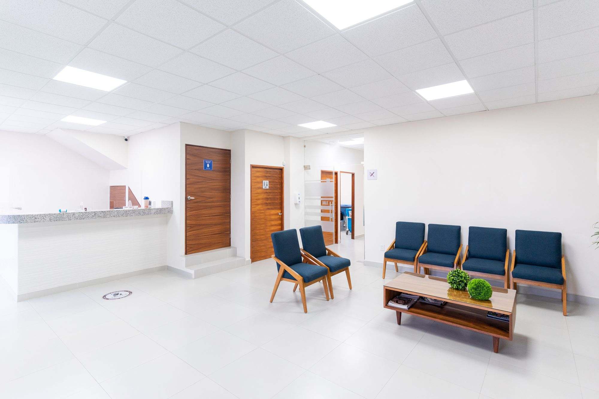 A clean, bright clinic waiting room with blue chairs