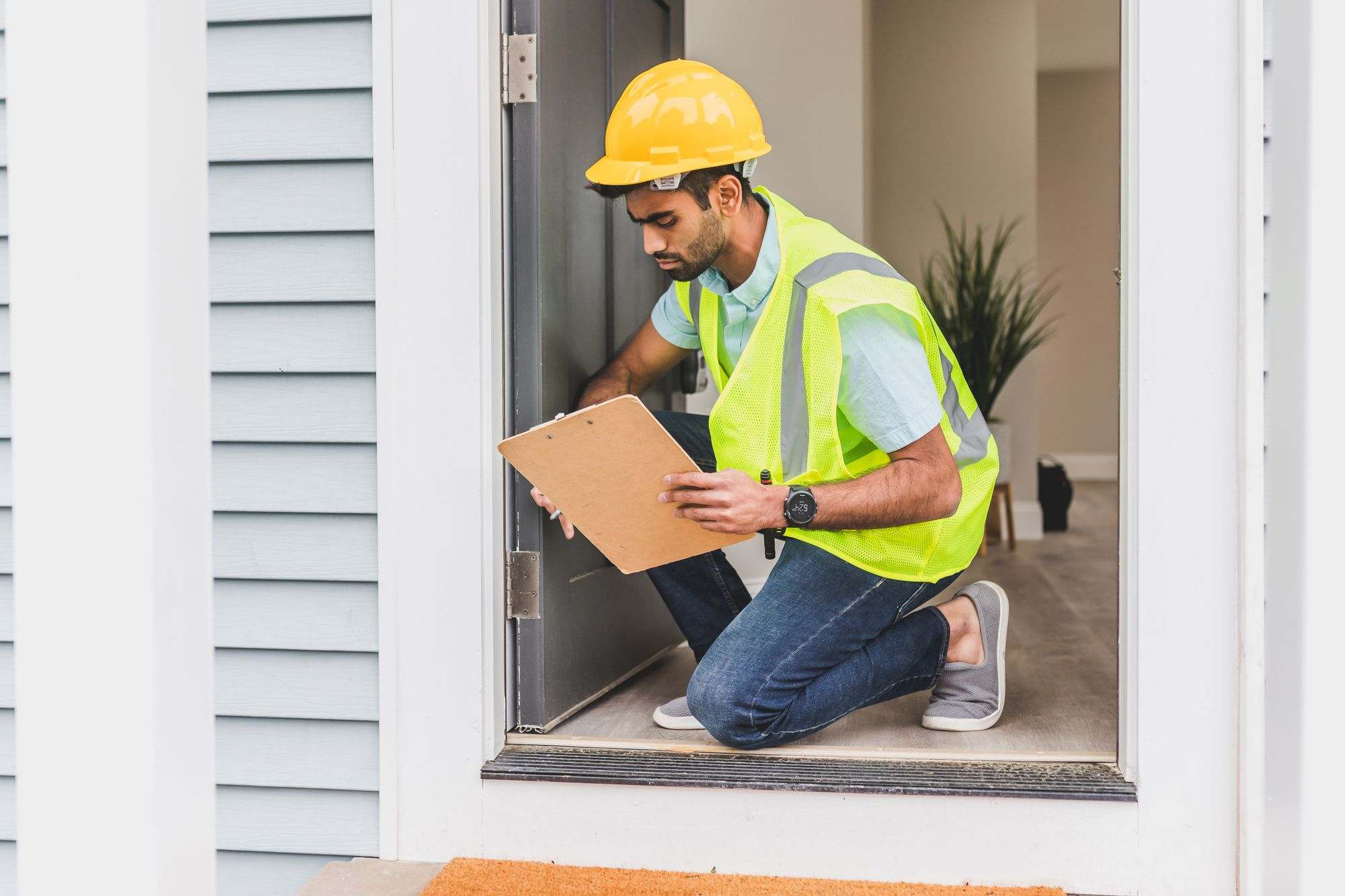 An inspector with a clipboard checking a doorway inside a home