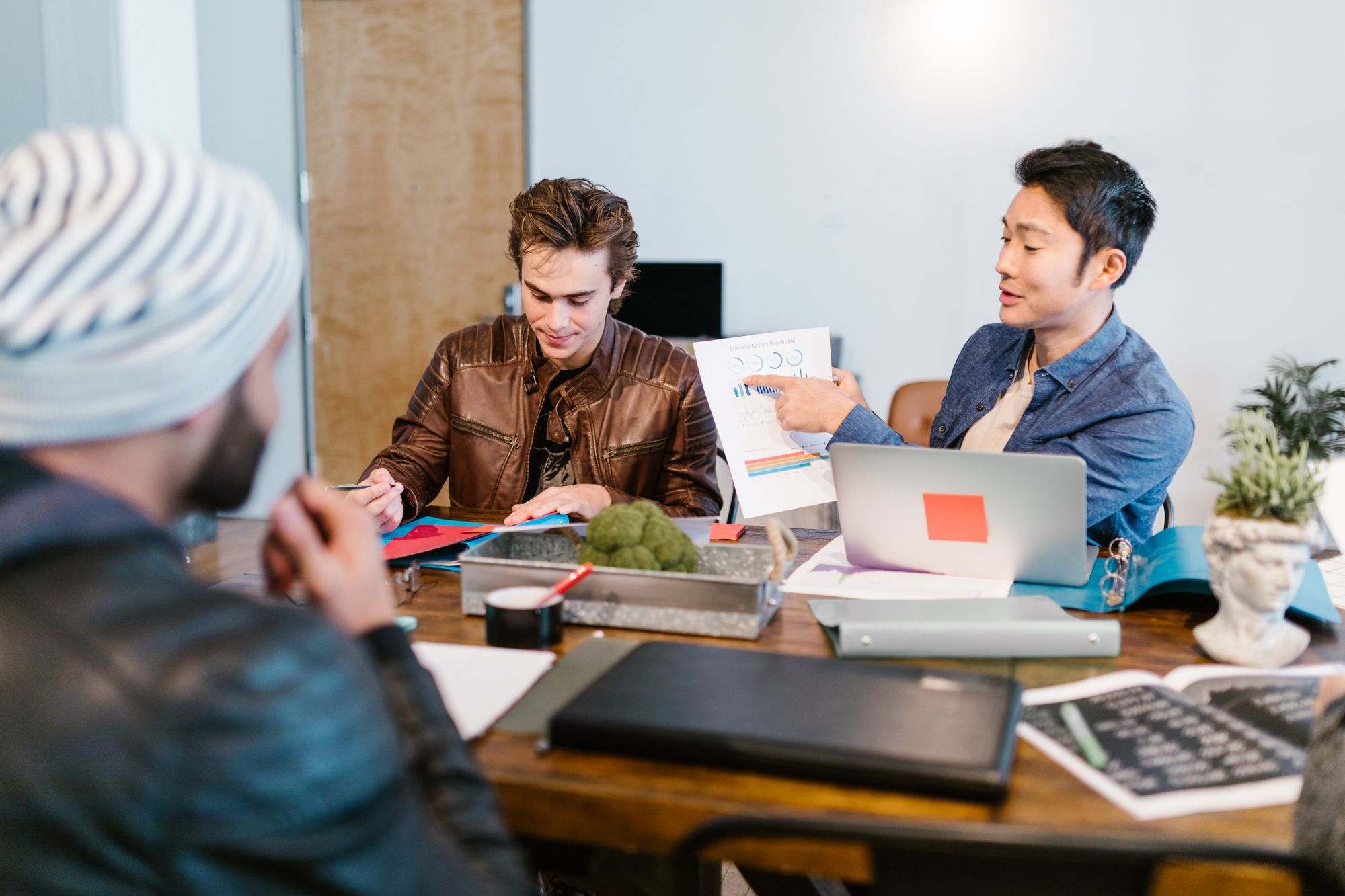 Startup founders reviewing plans at a shared table